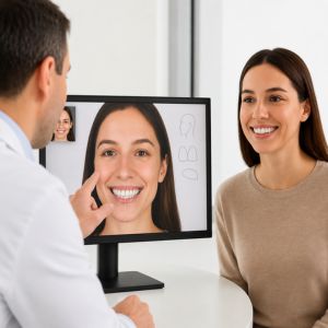 Dentist and patient in a clinic discussing the patients smile as a monitor shows a close up image of the patient smiling