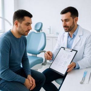 Doctor explains treatment options to a male patient in a dental clinic showing a clipboard with diagrams on it at eye level