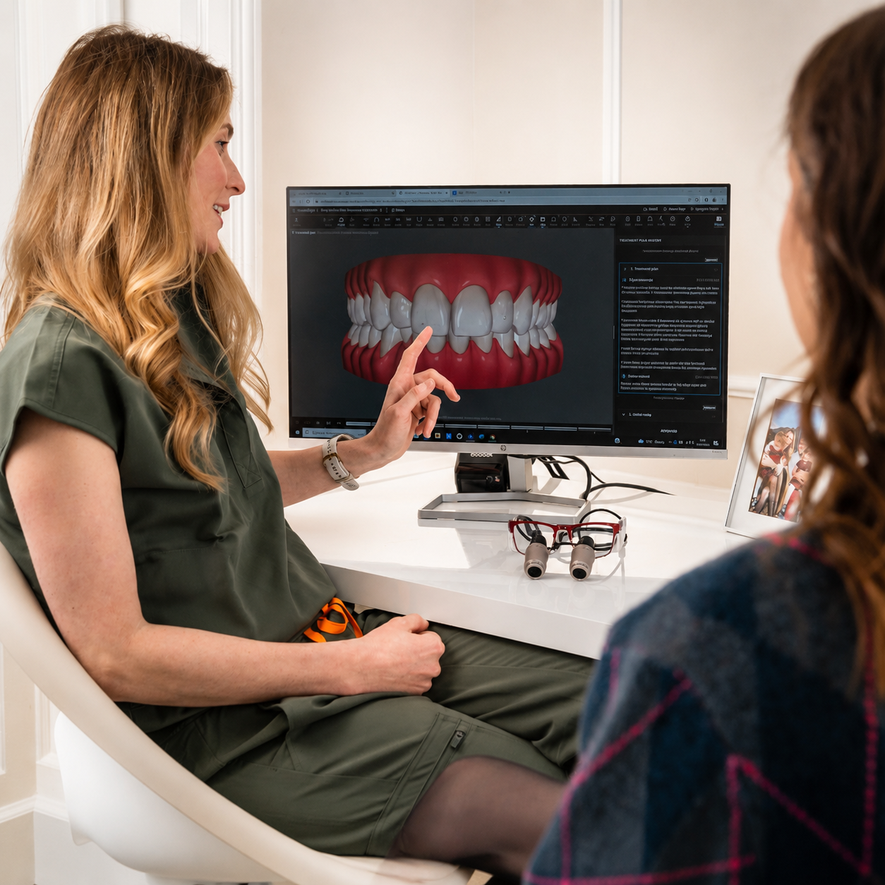 Dentist explains a 3D teeth model on a computer monitor to a patient in a clinic