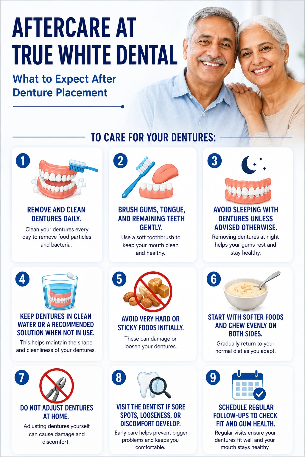 AftercareatTrueWhiteDentalWhattoExpectAfterDenturePlacement truewhite Poster infographic about denture aftercare with 9 care steps and tips for daily hygiene and safety at True White Dental