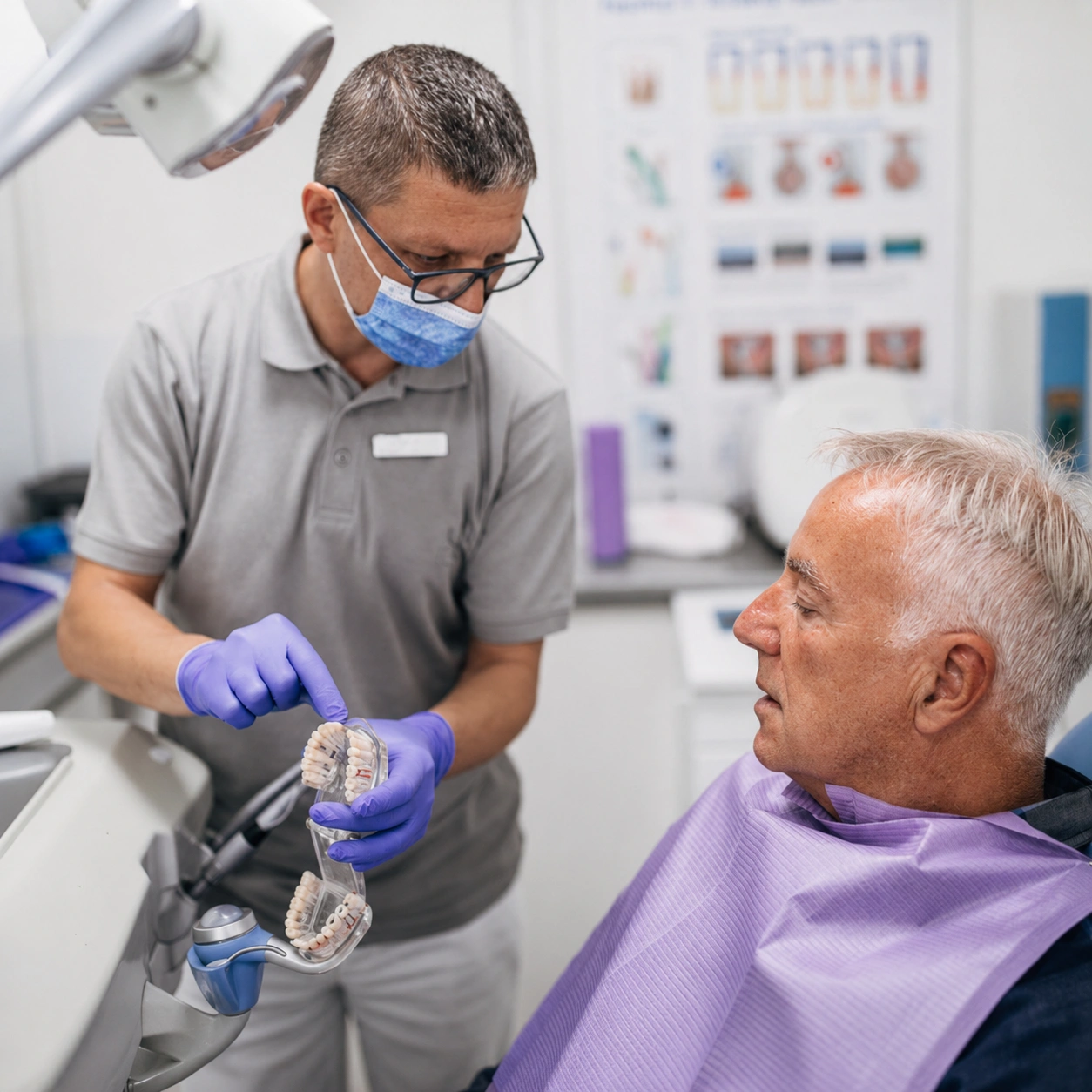 Dentist wearing mask shows a set of dentures to an older man in a dental chair