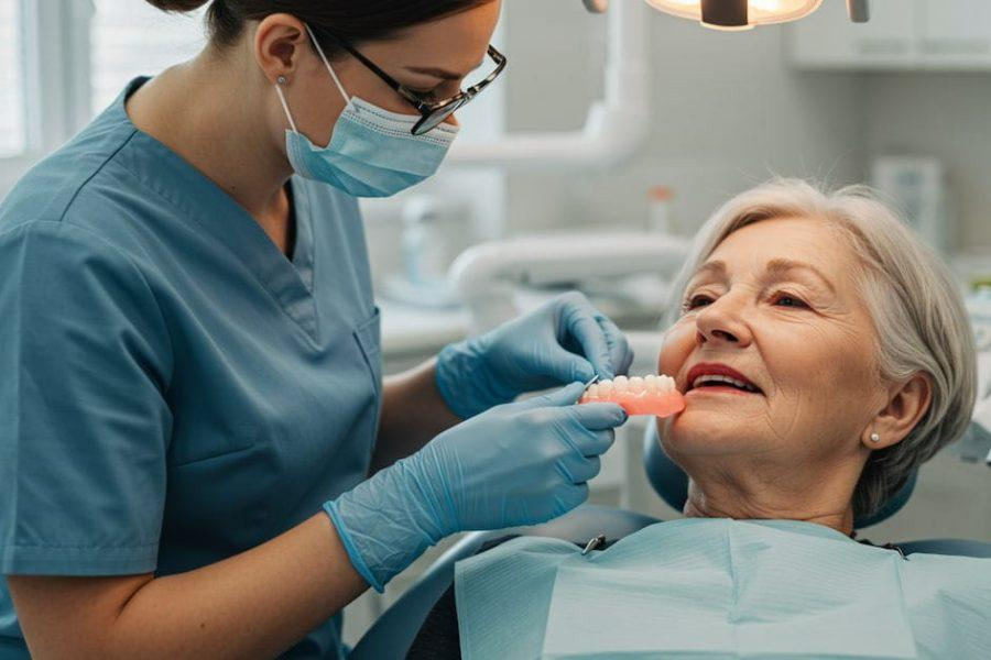 Picture1354 truewhite Dentist in gloves performing a dental procedure on an elderly patient view of mouth and teeth